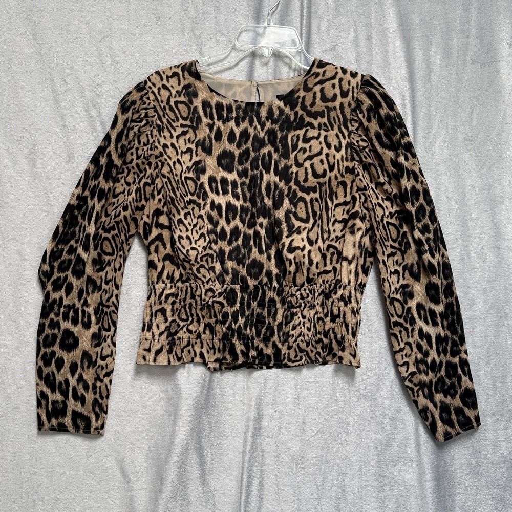 Express Blouse Womens Large Leopard Print‎ Smocked Peplum Waist Long Sleeve